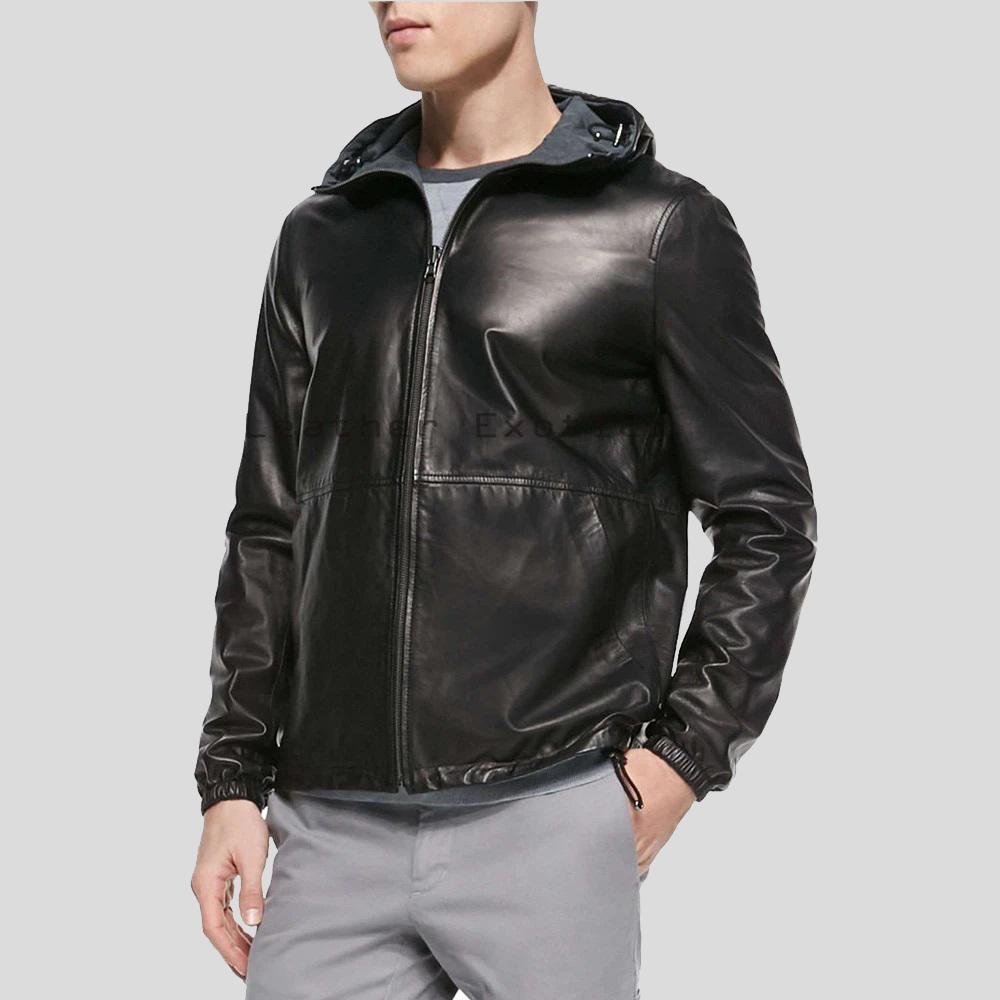 Men's Racio Black Hooded Lambskin Leather Jacket | Full Grain Apparel