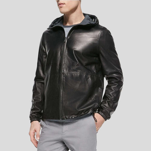 Men's Racio Black Hooded Lambskin Leather Jacket | Full Grain Apparel