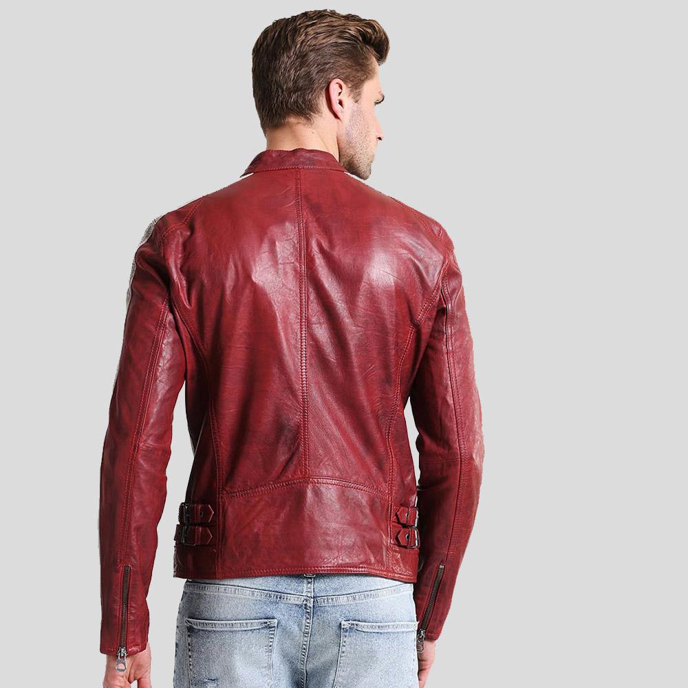 Chaqueta de cuero para hombre Steven Red Cafe Racer | Piel de cordero genuina | Prenda de grano completo