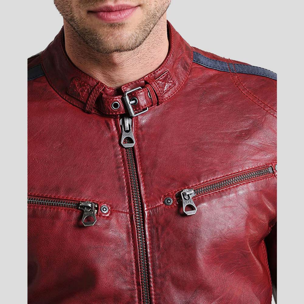Chaqueta de cuero para hombre Steven Red Cafe Racer | Piel de cordero genuina | Prenda de grano completo