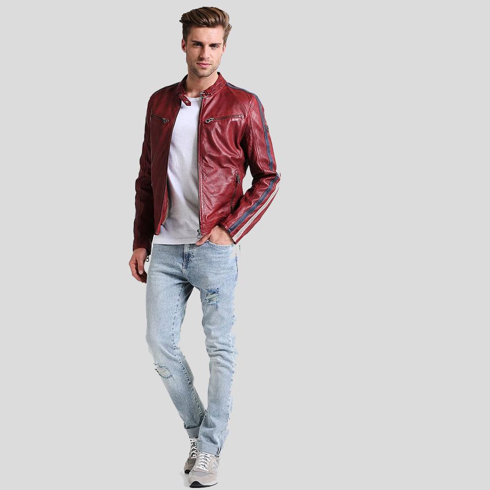Chaqueta de cuero para hombre Steven Red Cafe Racer | Piel de cordero genuina | Prenda de grano completo
