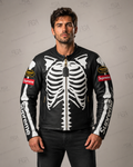 Men's black leather motorcycle jacket with white skeleton design front view