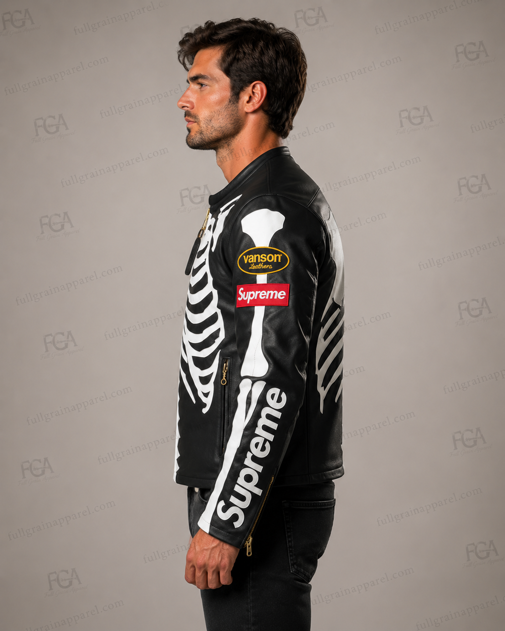Men's skeleton leather racing jacket side view with branded sleeve patches