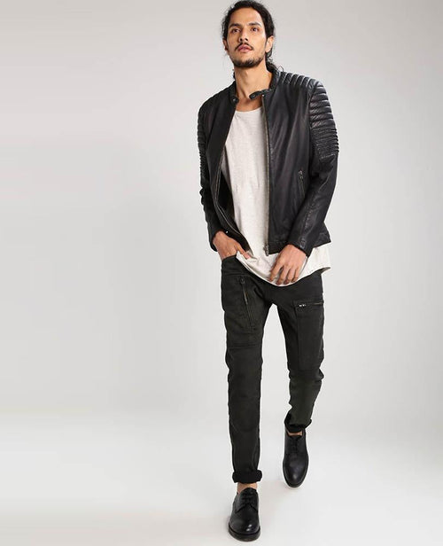 Chaqueta de cuero acolchada negra para hombre | Prenda de cuero plena flor