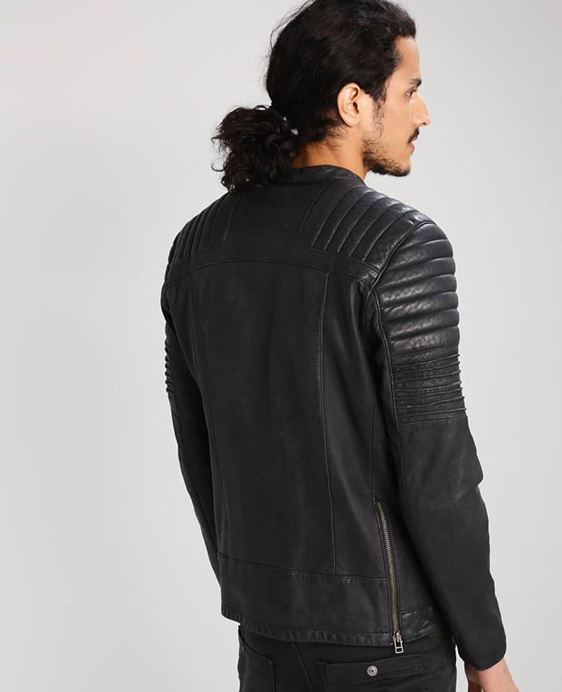 Chaqueta de cuero acolchada negra para hombre | Prenda de cuero plena flor