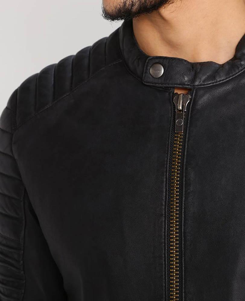 Chaqueta de cuero acolchada negra para hombre | Prenda de cuero plena flor