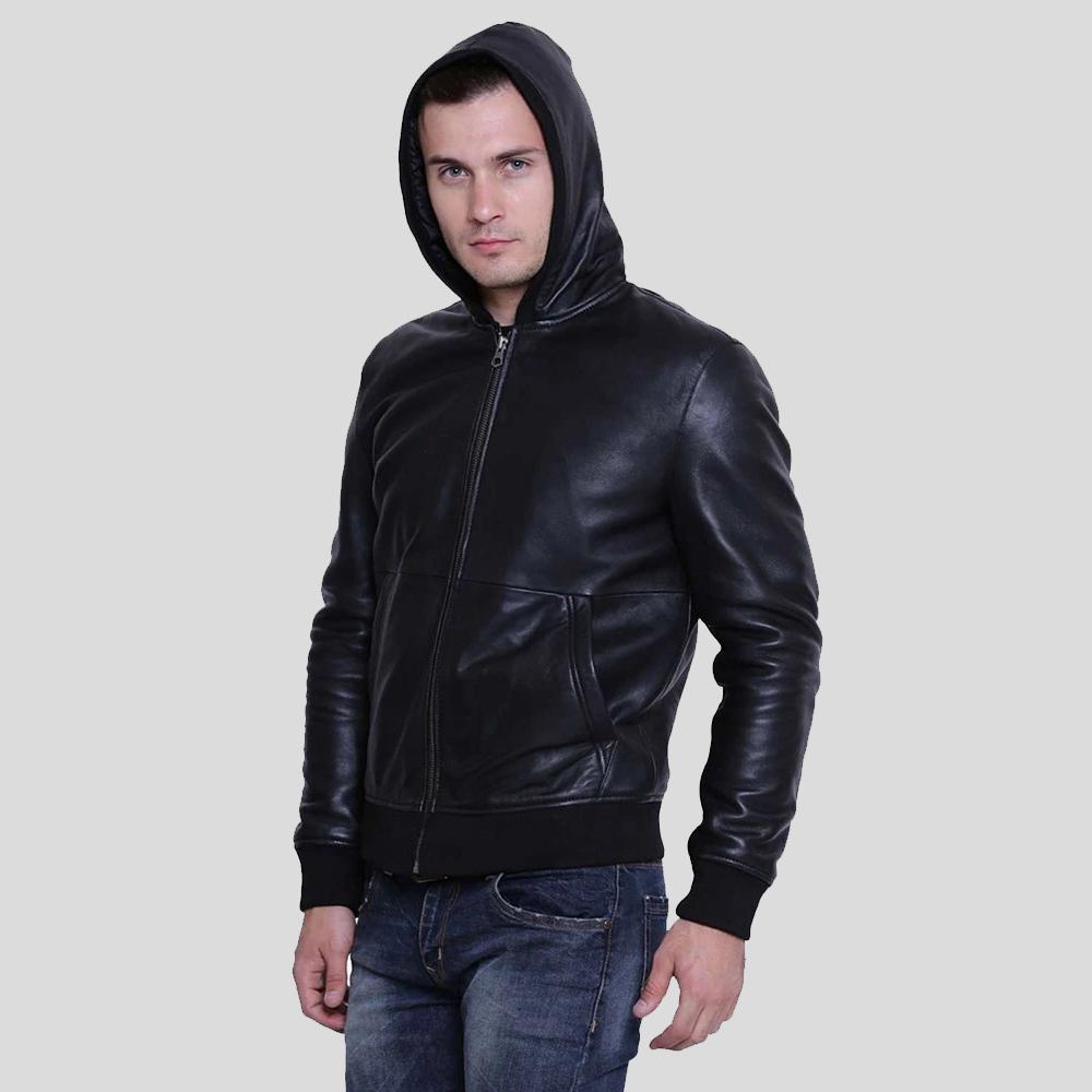 Men's Theo Black Hooded Leather Jacket | Full Grain Apparel