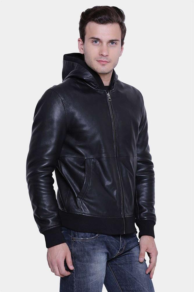 Men's Theo Black Hooded Leather Jacket | Full Grain Apparel
