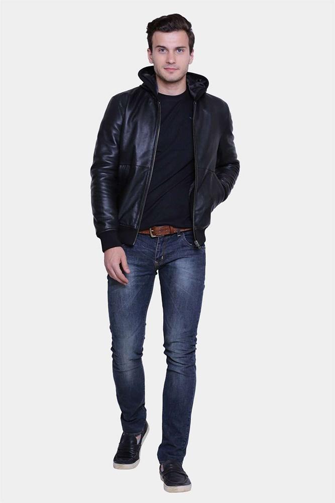 Men's Theo Black Hooded Leather Jacket | Full Grain Apparel