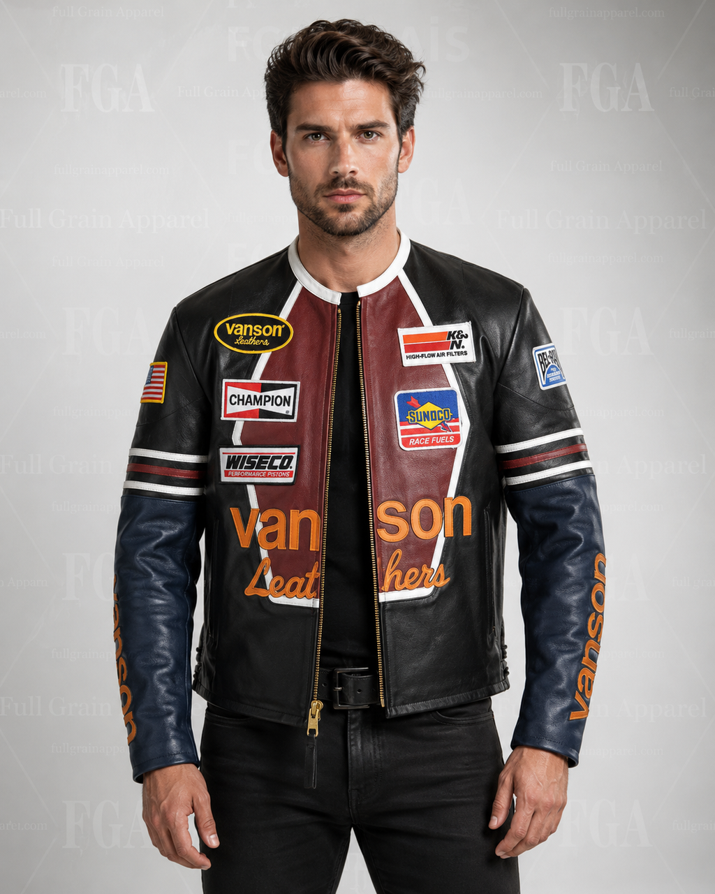 Men's Vanson motorsport leather motorcycle jacket front view