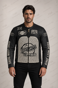 Men's Vanson perforated leather racing jacket front view in black and white