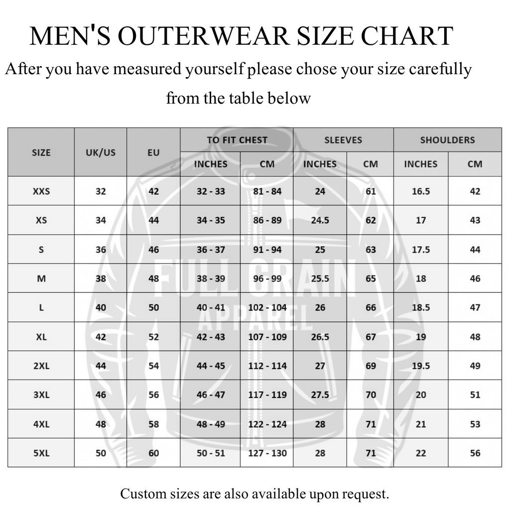 Men's outerwear size chart with measurements for chest, sleeves, and shoulders.