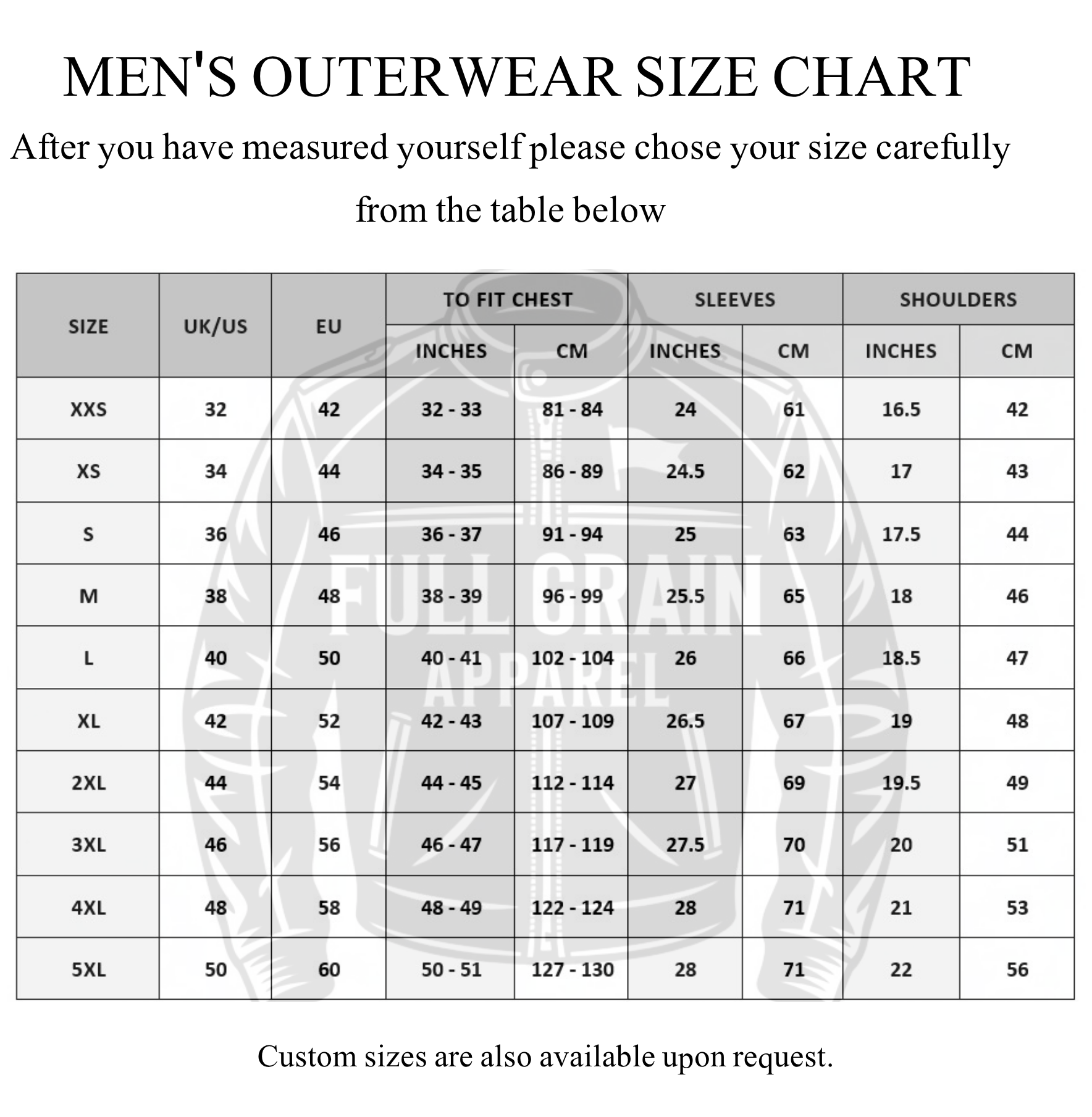 Men's outerwear size chart with measurements for chest, sleeves, and shoulders.