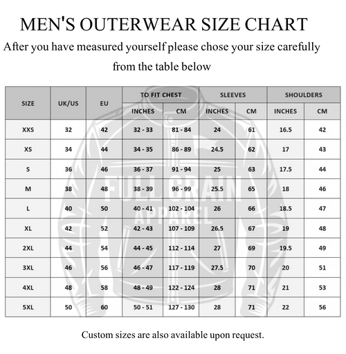 Men's outerwear size chart with measurements for chest, sleeves, and shoulders.