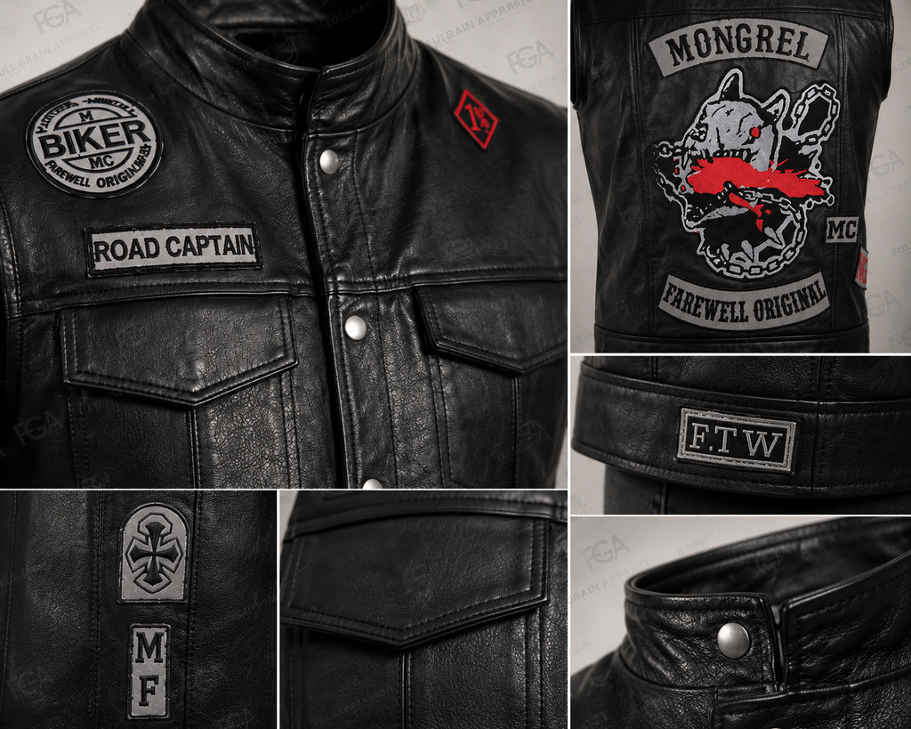 Mongrel leather biker vest front and rear embroidered patch details
