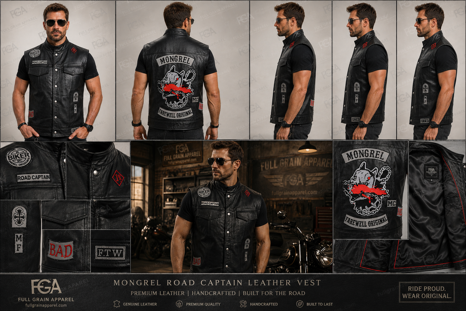 Mongrel Road Captain genuine leather biker vest front back side and detail views