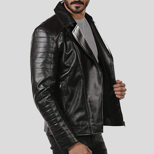 Chaqueta de cuero de motociclista Elex negra para hombre | Prenda de cuero de plena flor