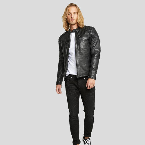 Chaqueta de Cuero de Motociclista Gary Negra para Hombre | Prendas de Piel de Grano Completo