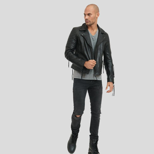 Chaqueta de cuero para motocicleta Dylan negra para hombre | Abrigo premium cálido | Prendas de plena flor