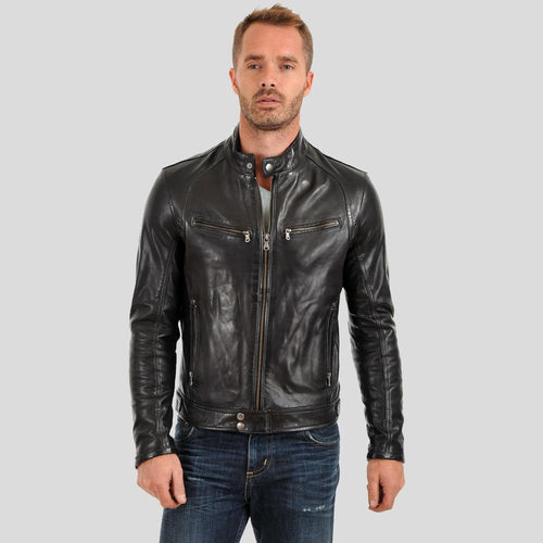 Chaqueta de motociclista negra Evan para hombre | Piel de vacuno auténtica | Prenda de cuero de plena flor