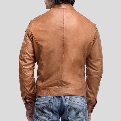 Chaqueta de cuero Luca marrón para motociclista para hombre | Prenda de piel plena flor