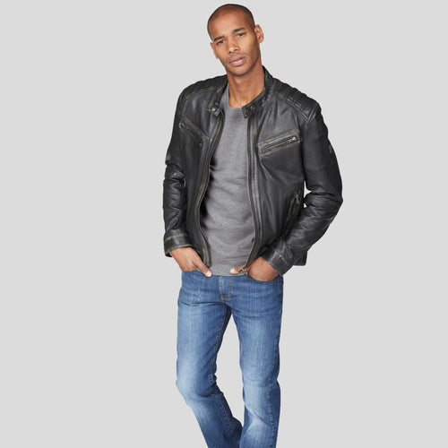 Chaqueta de cuero para motocicleta Lucas Black para hombre | Prenda de cuero de plena flor