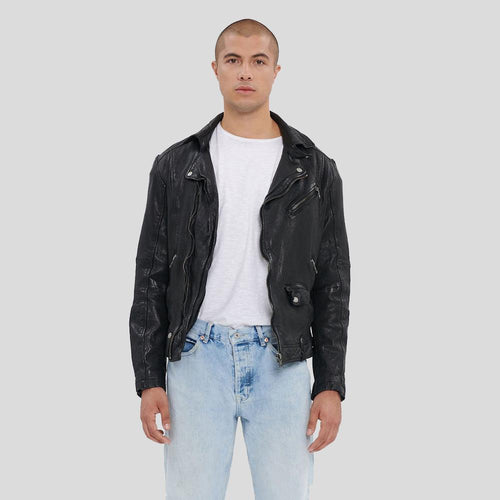 Chaqueta de cuero para motocicleta negra Lysle para hombre | Prenda de grano completo
