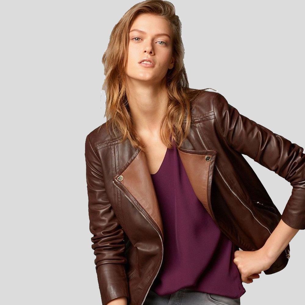 Women's Olivia Brown Motorcycle Leather Jacket | Biker Style | Full Grain Apparel