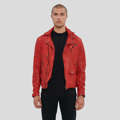 Chaqueta de cuero de motociclista Zuse roja para hombre | Prenda de piel de plena flor
