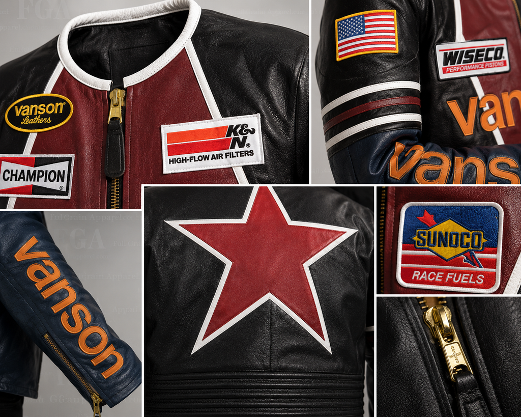 Motorsport leather jacket patches, zipper, sleeve and red star details