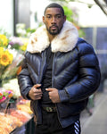 Men's Navy Blue Leather Bomber Jacket | Full Grain Apparel