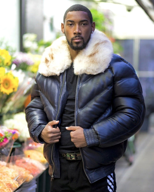 Men's Navy Blue Leather Bomber Jacket | Full Grain Apparel