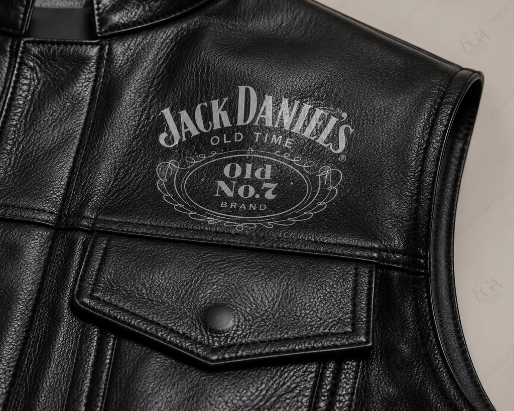 Old No. 7 motorcycle vest chest logo and pocket detail
