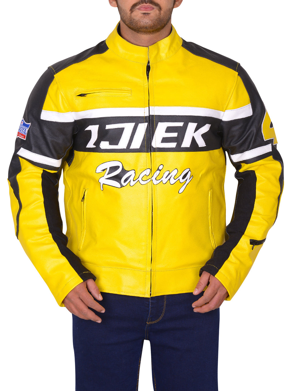 Chaqueta de cuero de motociclista negra y amarilla para hombre | Estilo de carreras de alto contraste | Prenda de cuero plena flor