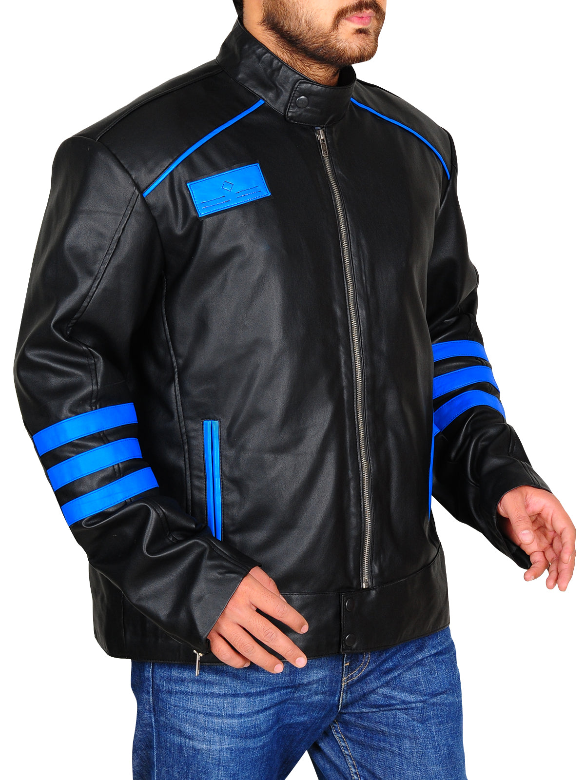 Chaqueta de cuero de motociclista negra y azul para hombre | Estilo Moto Eléctrica | Prenda de piel plena flor