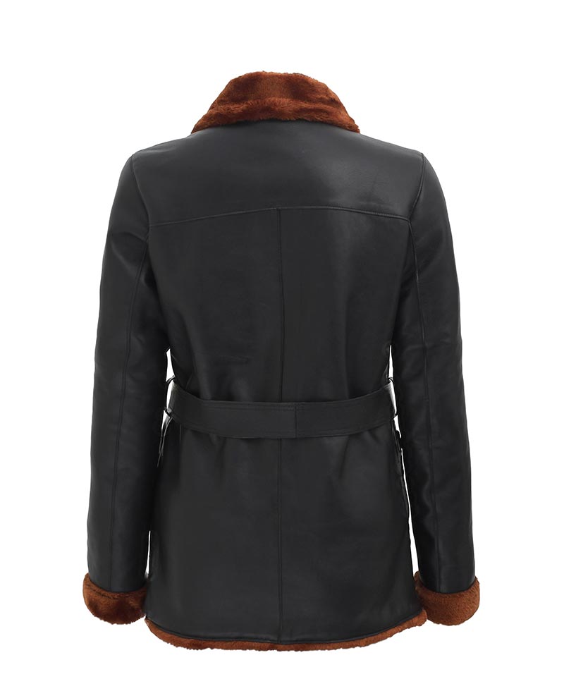 Women’s Black Double-Breasted Shearling Leather Coat | 3/4 Length | Full Grain Apparel