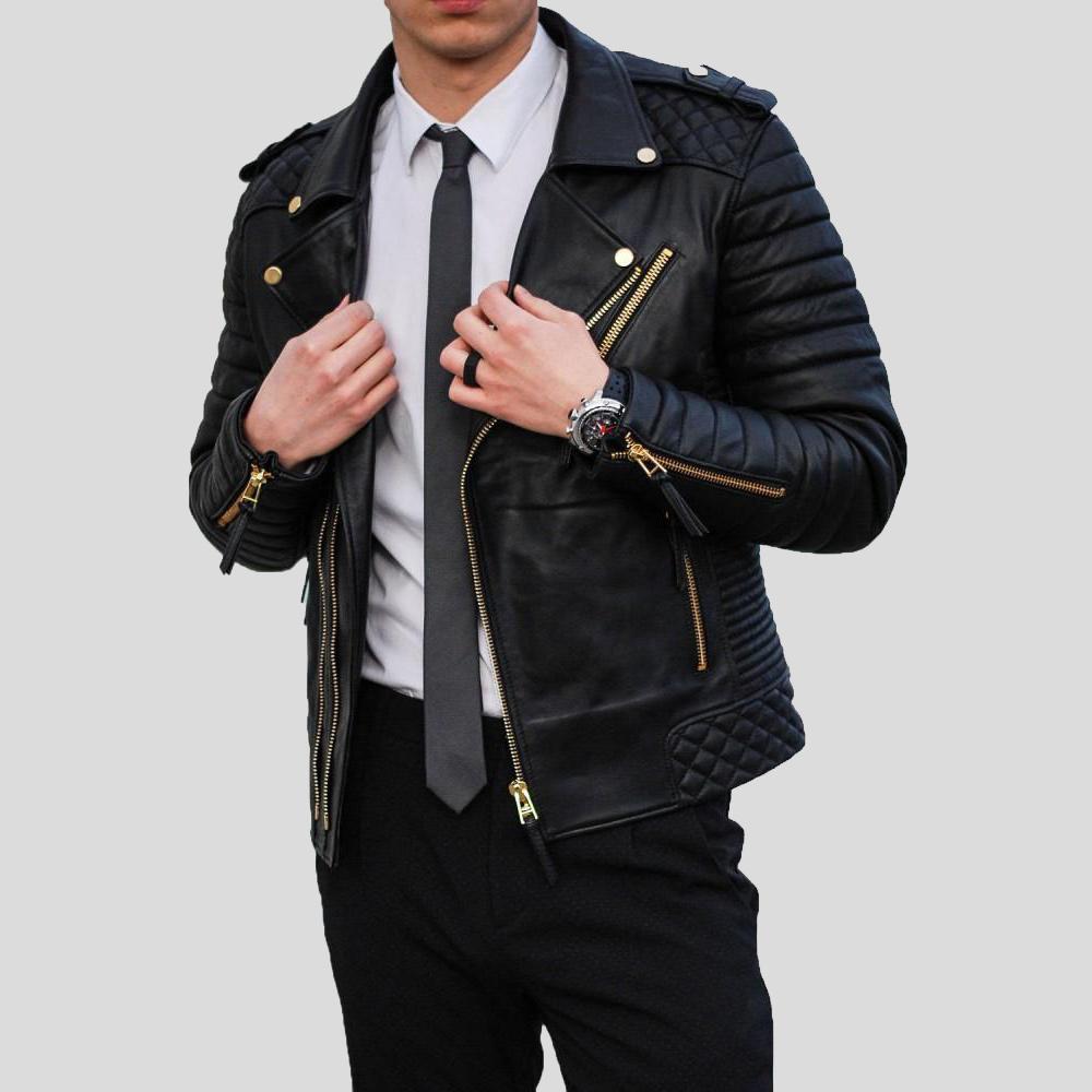 Chaqueta acolchada de cuero negro Byron para hombre | Prenda de piel plena flor