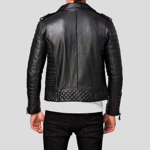 Chaqueta de cuero de cordero acolchada negra Ezra para hombre | Ropa de piel de plena flor