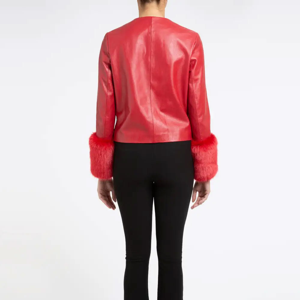 Women’s "Scarlet Frost" Red Leather Biker Jacket | Faux Fur Trimmed Moto Coat | Full Grain Apparel
