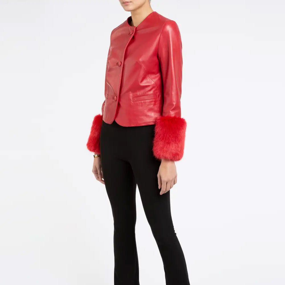 Women’s "Scarlet Frost" Red Leather Biker Jacket | Faux Fur Trimmed Moto Coat | Full Grain Apparel