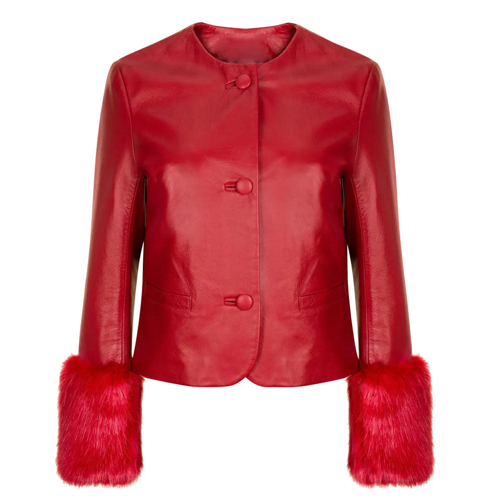 Women’s "Scarlet Frost" Red Leather Biker Jacket | Faux Fur Trimmed Moto Coat | Full Grain Apparel
