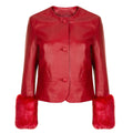 Women’s "Scarlet Frost" Red Leather Biker Jacket | Faux Fur Trimmed Moto Coat | Full Grain Apparel