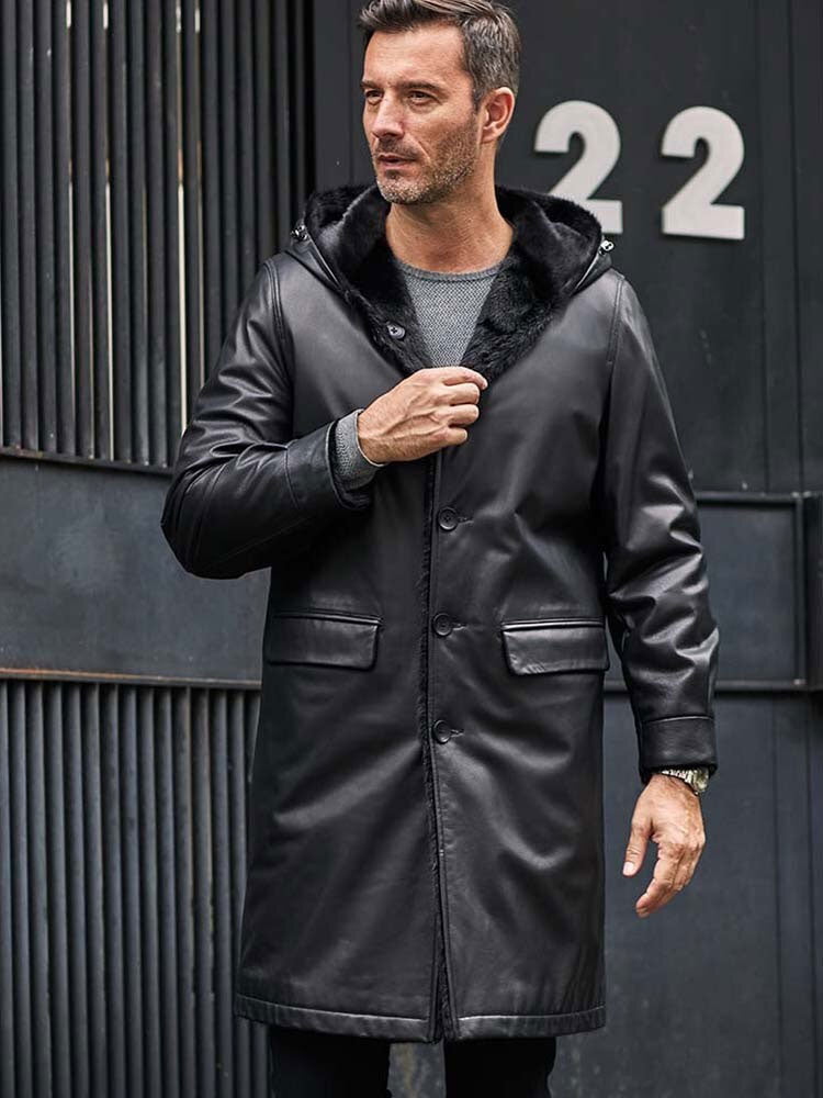 Men’s Mink Overcoat Long Fur Parka | Black Leather Jacket | Full Grain Apparel