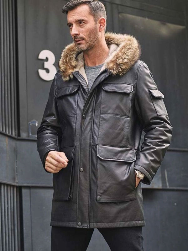 Abrigo largo de piel de visón para hombre | Abrigo de invierno de cuero negro | Prenda de grano completo
