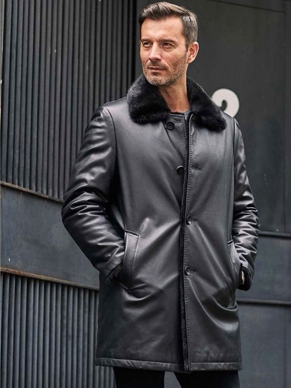 Men’s Mink Fur Long Coat | Black Leather Overcoat | Full Grain Apparel