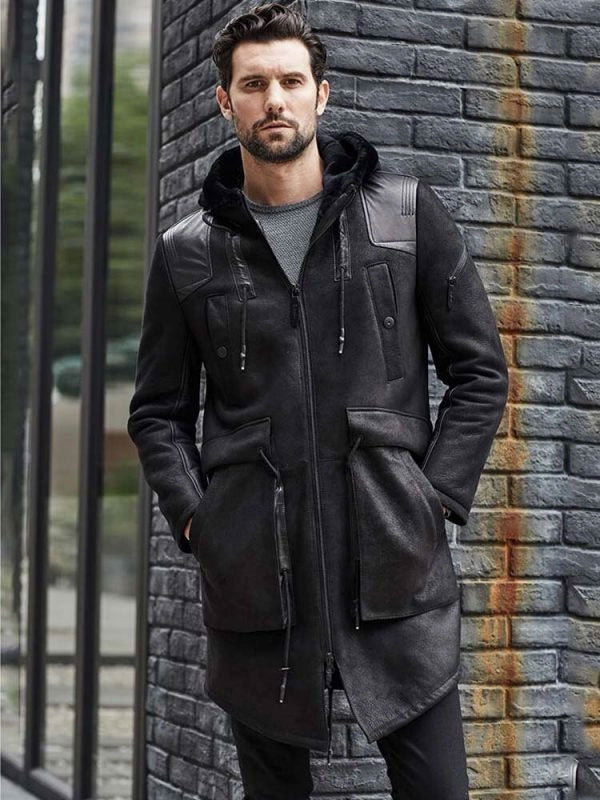 Men’s Black Shearling Fur Leather Long Trench Coat | Full Grain Apparel
