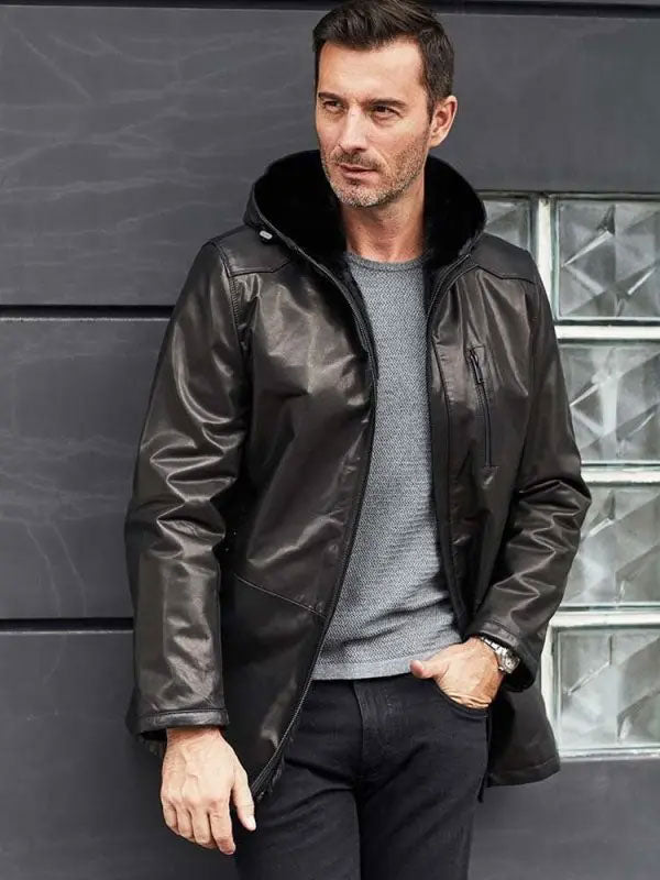 Men’s Mink Fur Overcoat | Oversize Black Leather Winter Jacket | Full Grain Apparel