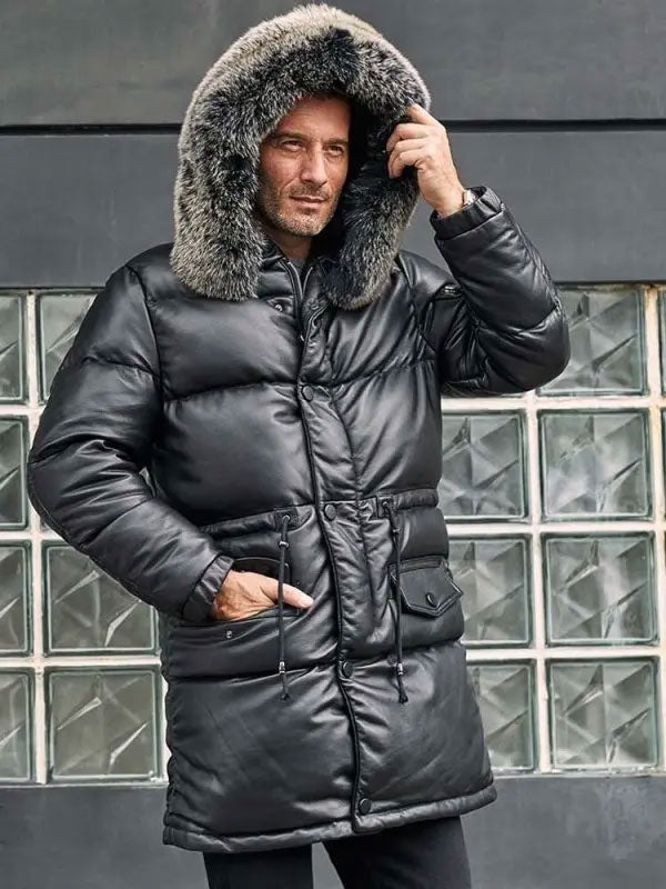 Men’s Leather Down Jacket with Fox Fur Hood | Long Winter Overcoat