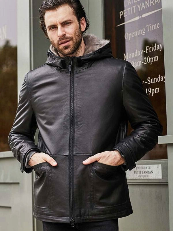 Men’s Hooded Black Leather Overcoat | Fur-Lined Winter Outerwear | Full Grain Apparel