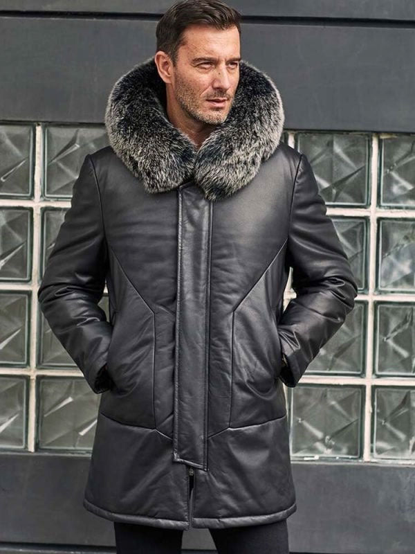 Men’s Leather Down Jacket with Fox Fur Hood | Long Winter Overcoat
